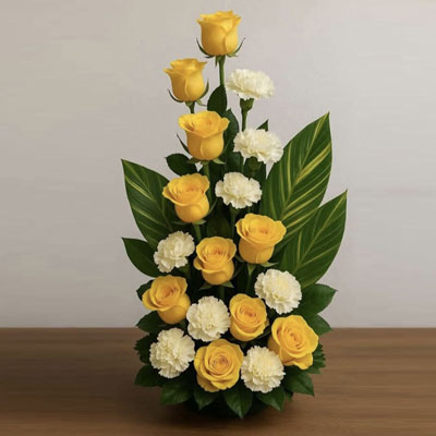 "Yellow N White Roses Flower Arrangement - Click here to View more details about this Product